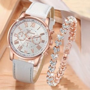 2 pc womens quartz wrist watch and pretty heart bracelet